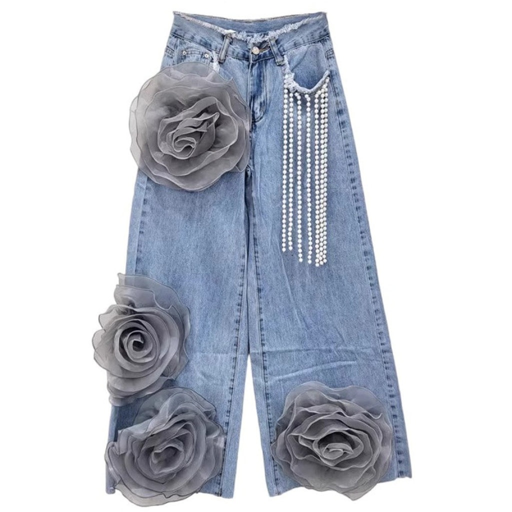 High-Waisted Denim Jeans with 3D Flower Bead Chains