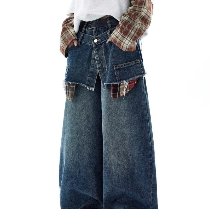 American-Style  Plaid Patchwork Jeans