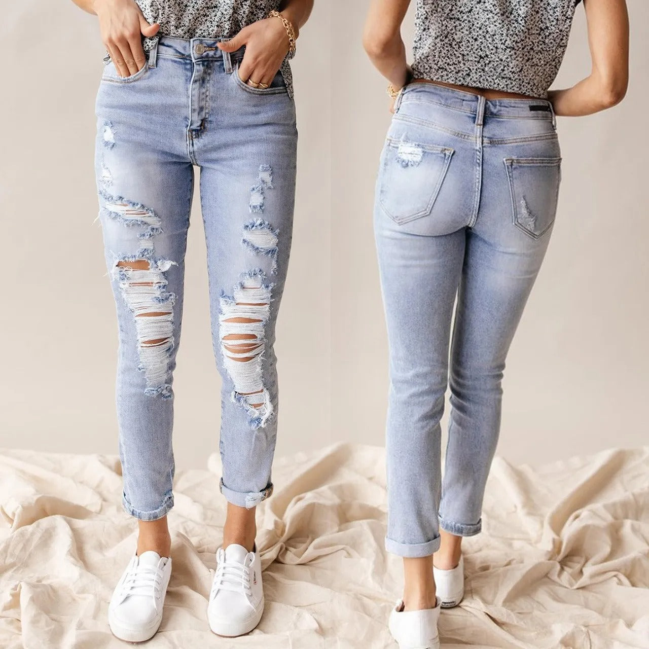 High Waist Ripped Leisure Jeans for Women