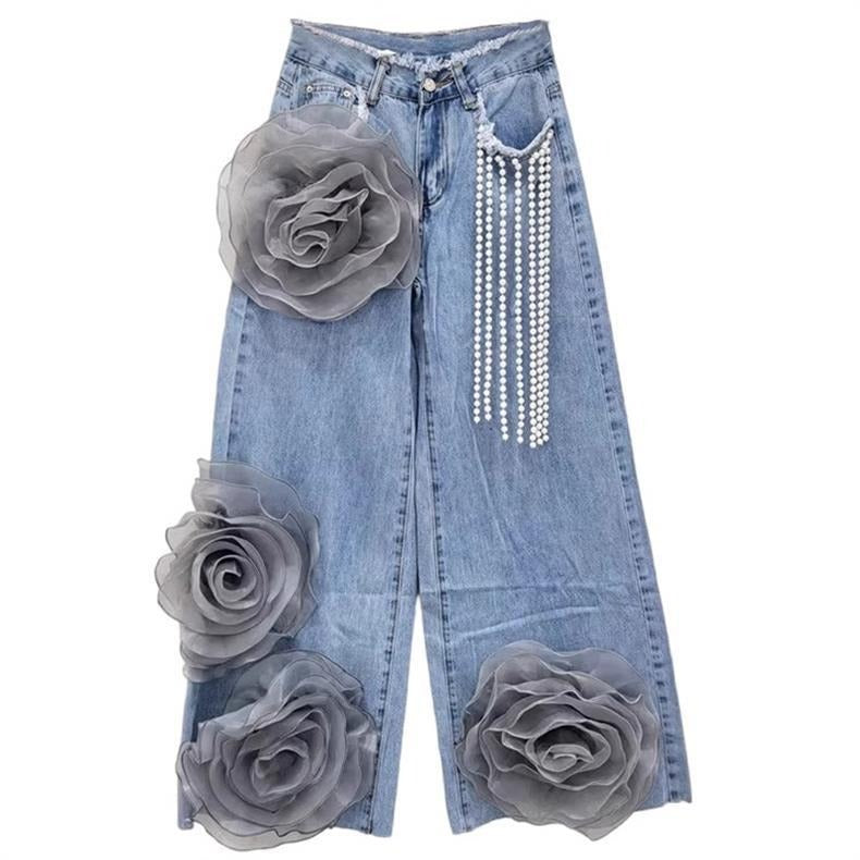 High-Waisted Denim Jeans with 3D Flower Bead Chains